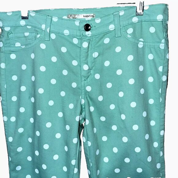 Kancan Light Green with White Polka Dot Print Slim/Skinny Style Jeans Juniors 9 - Picture 3 of 9